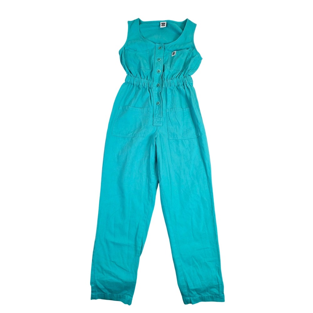 Lucy & Yak Organic Cotton Sleeveless Jumpsuit Teal Button Front XS Boilersuit